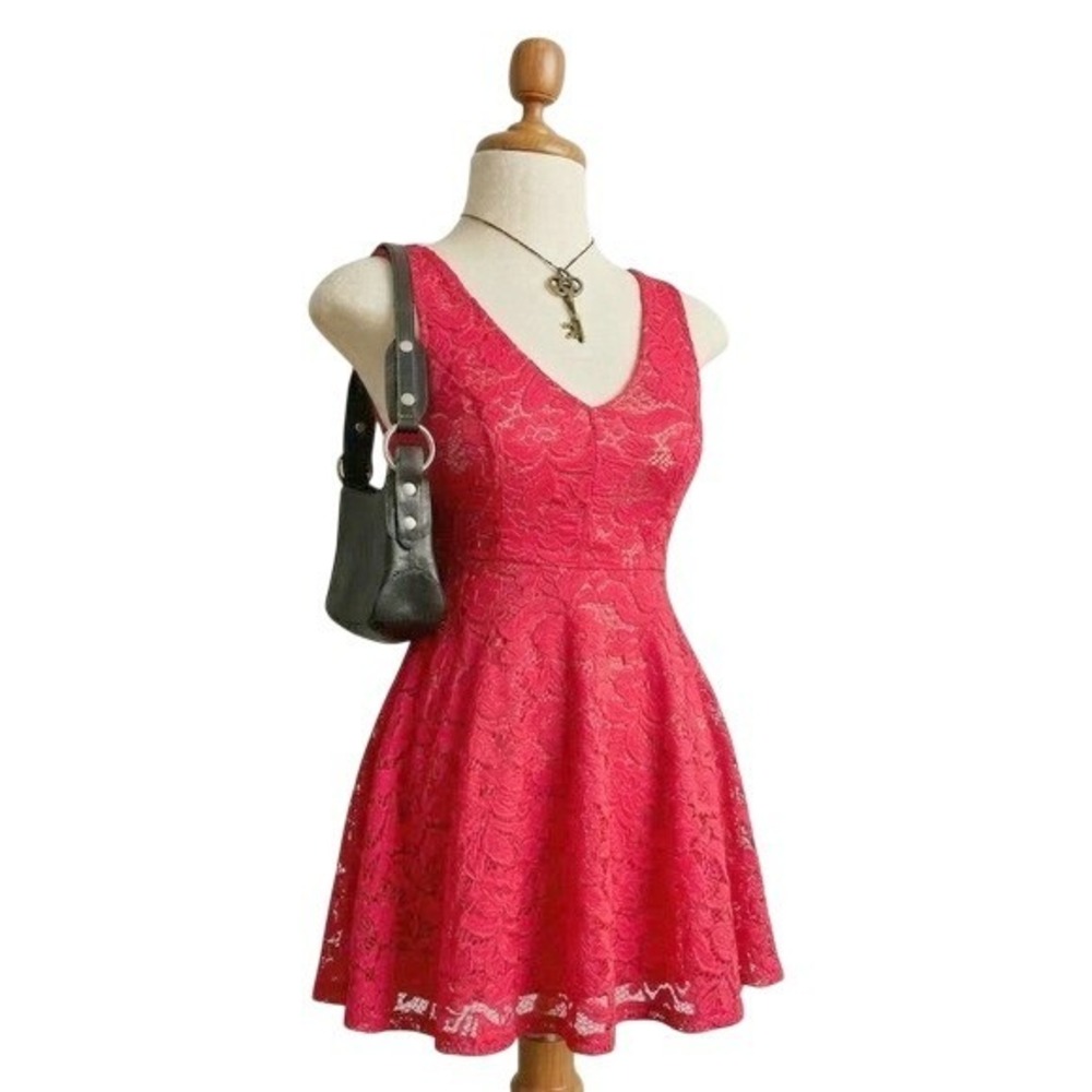 Vintage Red Lace Skater Dress V-Back Sleeveless Mini Fit Flare XSmall Twee